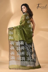 Moss green with black pallu silk linen handwoven jamdani saree