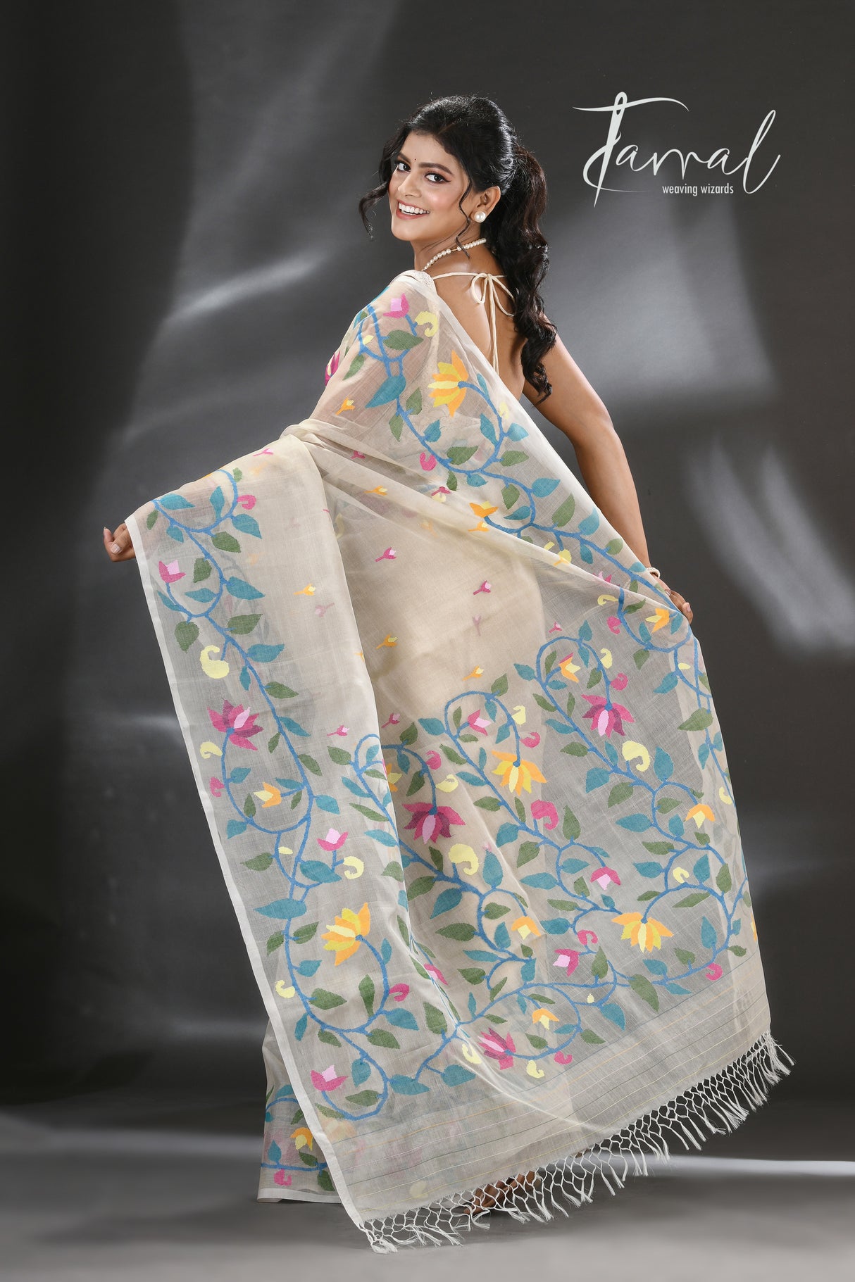 Offwhite with multi colour lotus pallu handwoven muslin silk jamdani saree - Tamal Boutique