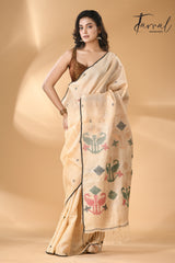 Light beige colour with black border pure tissue neddle work tusser jamdani saree