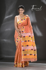 Orange with multicolour floral border handloom dhakai jamdani saree - Tamal Boutique