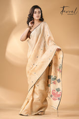 Light beige colour with black border pure tissue neddle work tusser jamdani saree