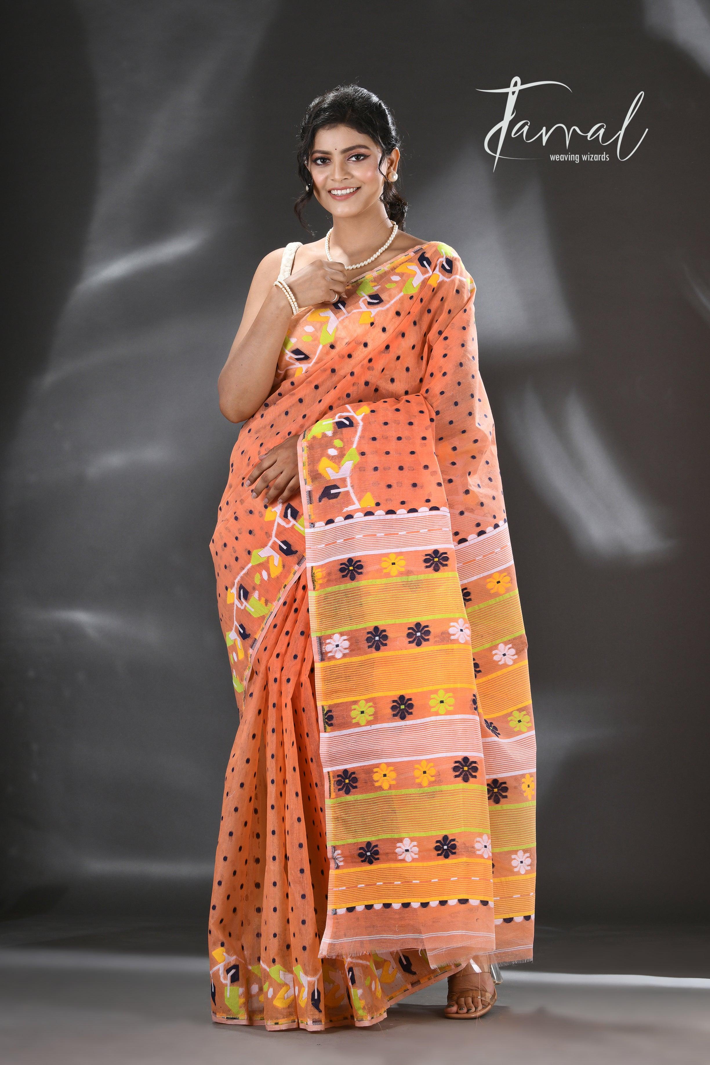 Beautiful resham suta dhakai jamdani saree with out blouse piece soft sari fashion for women.