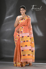 Orange with multicolour floral border handloom dhakai jamdani saree