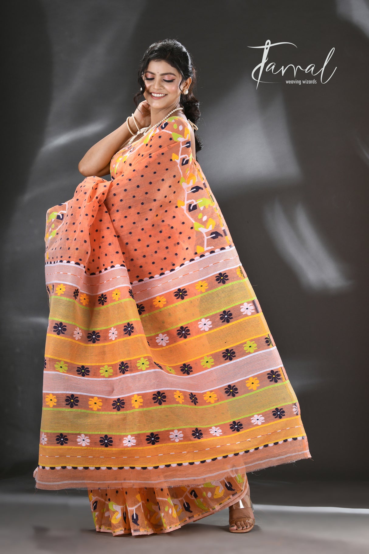 Orange with multicolour floral border handloom dhakai jamdani saree - Tamal Boutique