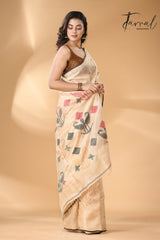 Light beige colour with black border pure tissue neddle work tusser jamdani saree