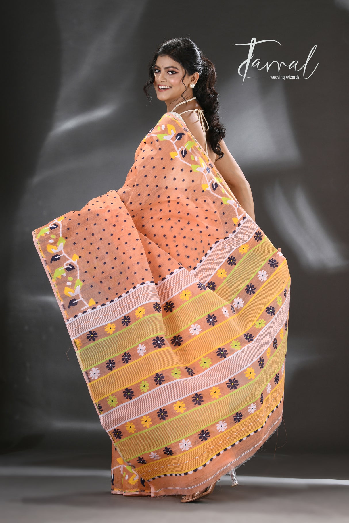 Orange with multicolour floral border handloom dhakai jamdani saree