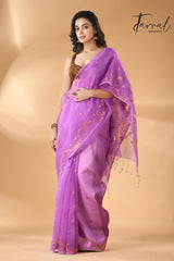 Fuchsia pink with golden zari traditional handwoven needle work jamdani saree