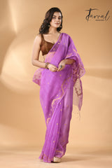 Fuchsia pink with golden zari traditional handwoven needle work jamdani saree