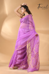 Fuchsia pink with golden zari traditional handwoven needle work jamdani saree