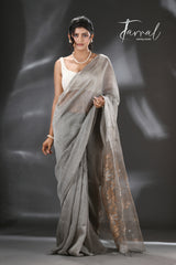 Grey thoka silk linen handwoven jamdani saree - Tamal Boutique