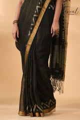 Black golden zari border tissue linen temple floral design handwoven jamdani saree