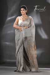 Grey thoka silk linen handwoven jamdani saree - Tamal Boutique