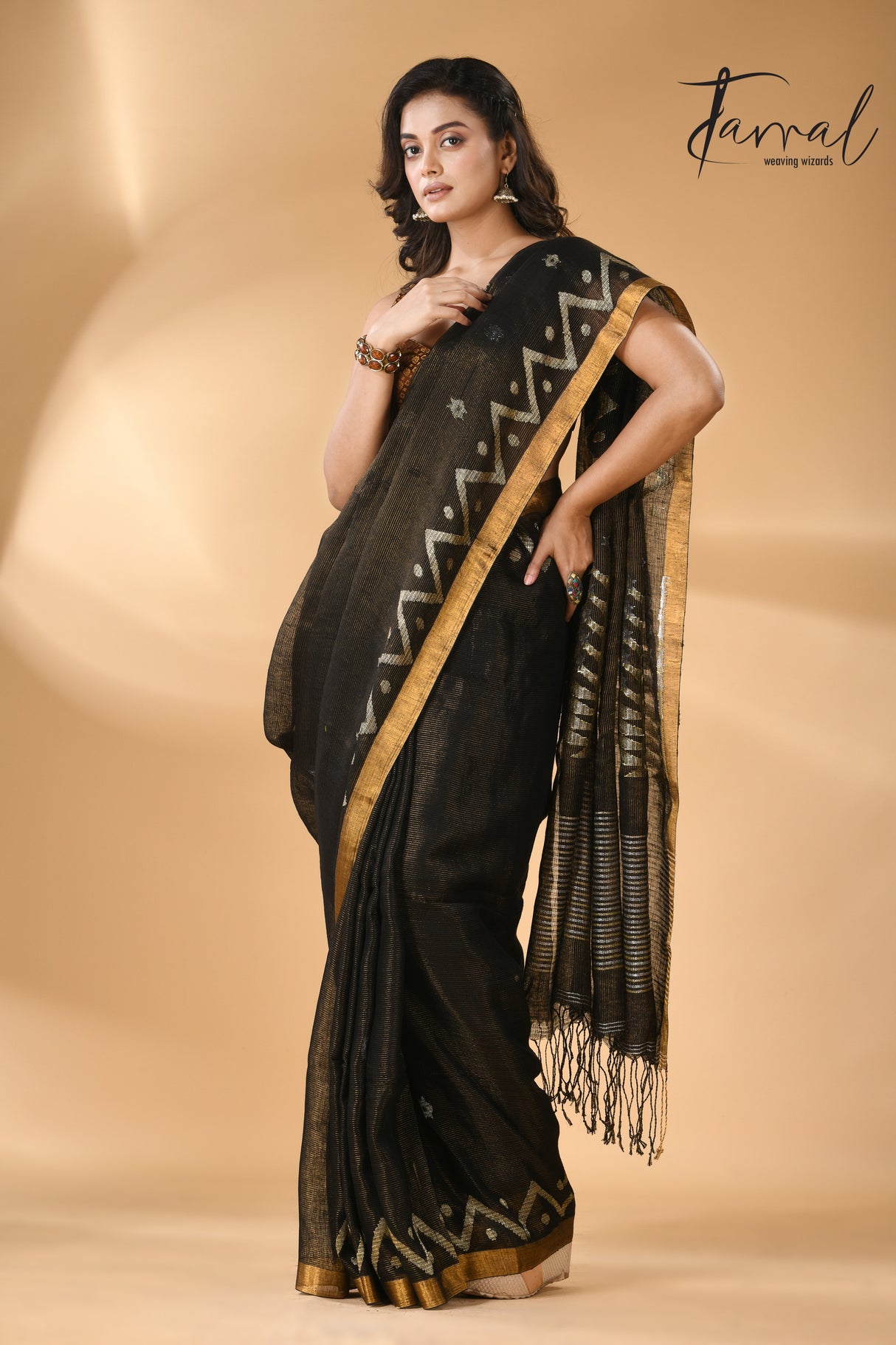 Black golden zari border tissue linen temple floral design handwoven jamdani saree