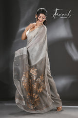 Grey thoka silk linen handwoven jamdani saree - Tamal Boutique