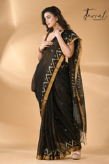 Black golden zari border tissue linen temple floral design handwoven jamdani saree