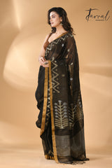 Black golden zari border tissue linen temple floral design handwoven jamdani saree