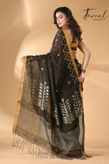 Black golden zari border tissue linen temple floral design handwoven jamdani saree