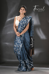 Peacock blue with zari floral border silk linen handwoven jamdani saree