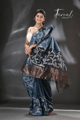 Peacock blue with zari floral border silk linen handwoven jamdani saree