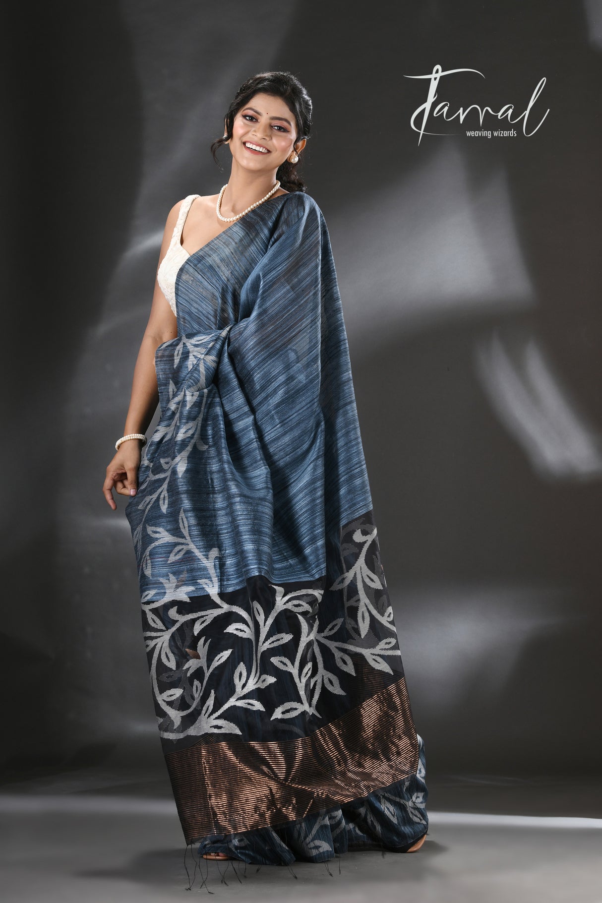 Peacock blue with zari floral border silk linen handwoven jamdani saree