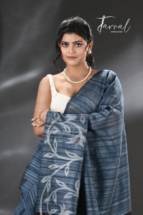 Peacock blue with zari floral border silk linen handwoven jamdani saree