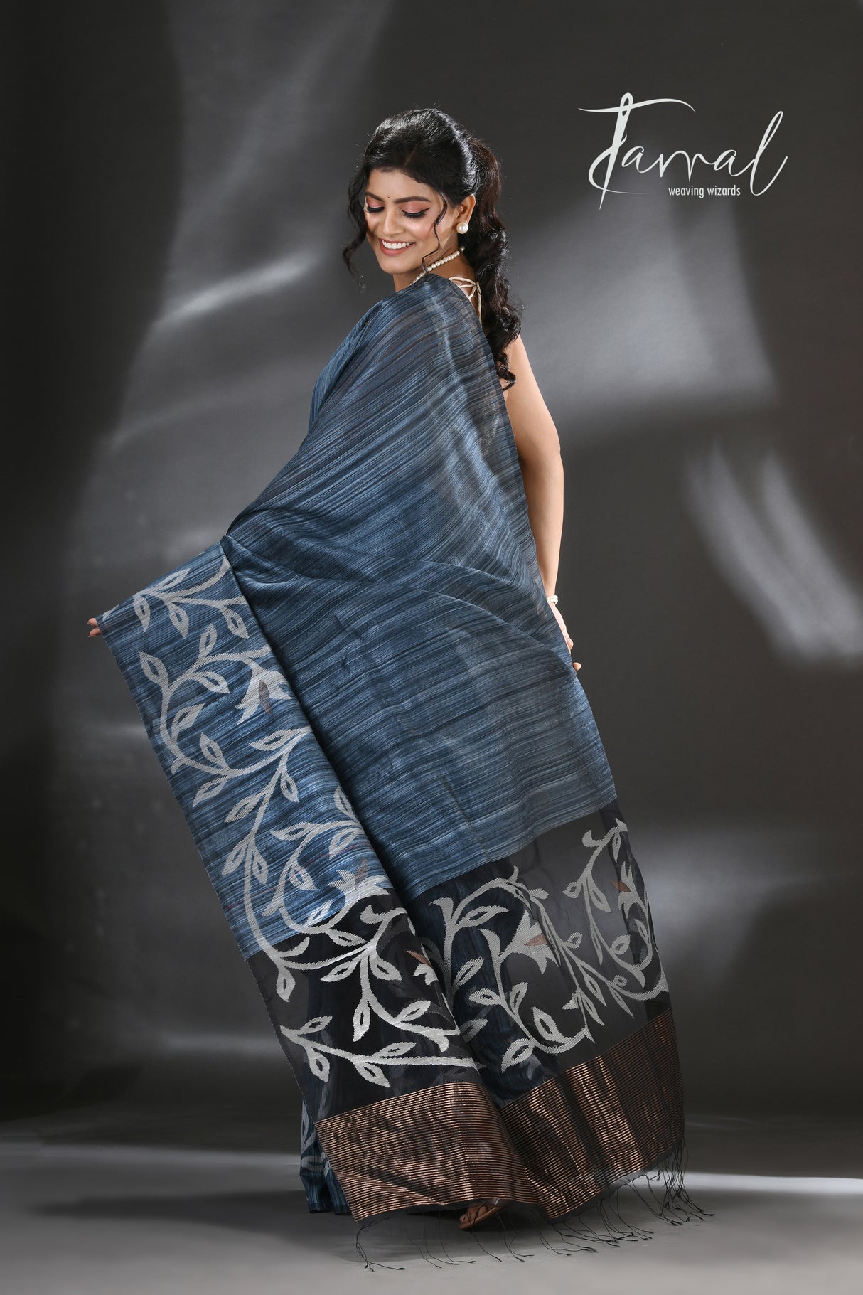 Peacock blue with zari floral border silk linen handwoven jamdani saree