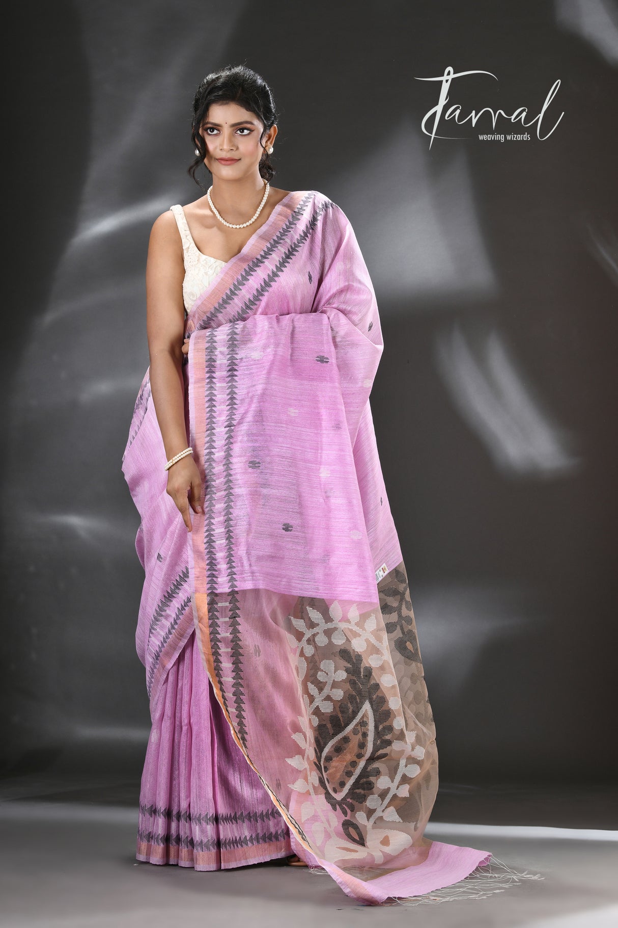 Baby Pink with White & black colour kalka motifs matka silk handwoven jamdani saree