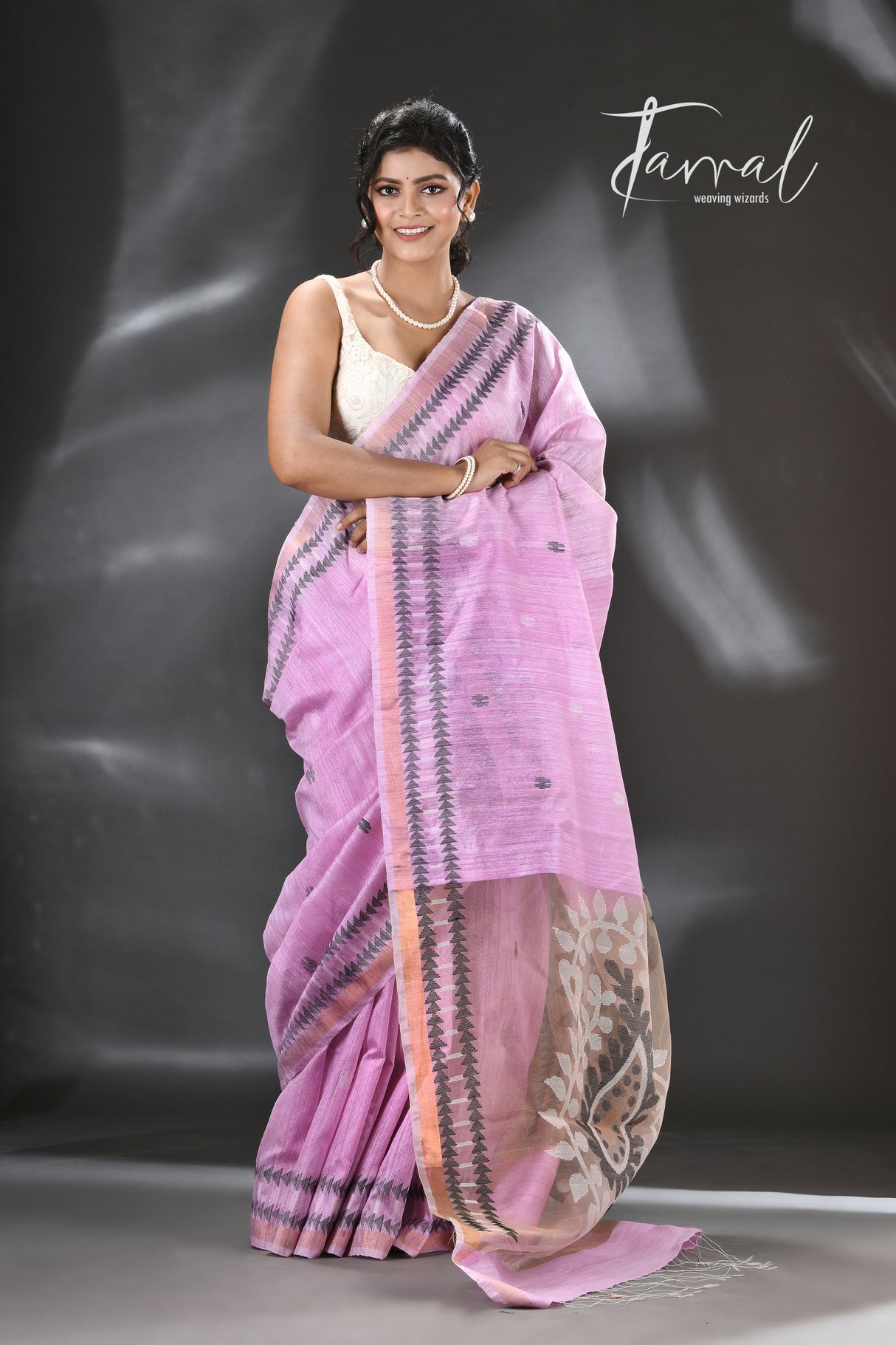 Baby Pink with White & black colour kalka motifs matka silk handwoven jamdani saree