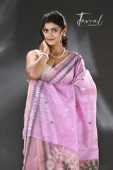 Baby Pink with White & black colour kalka motifs matka silk handwoven jamdani saree