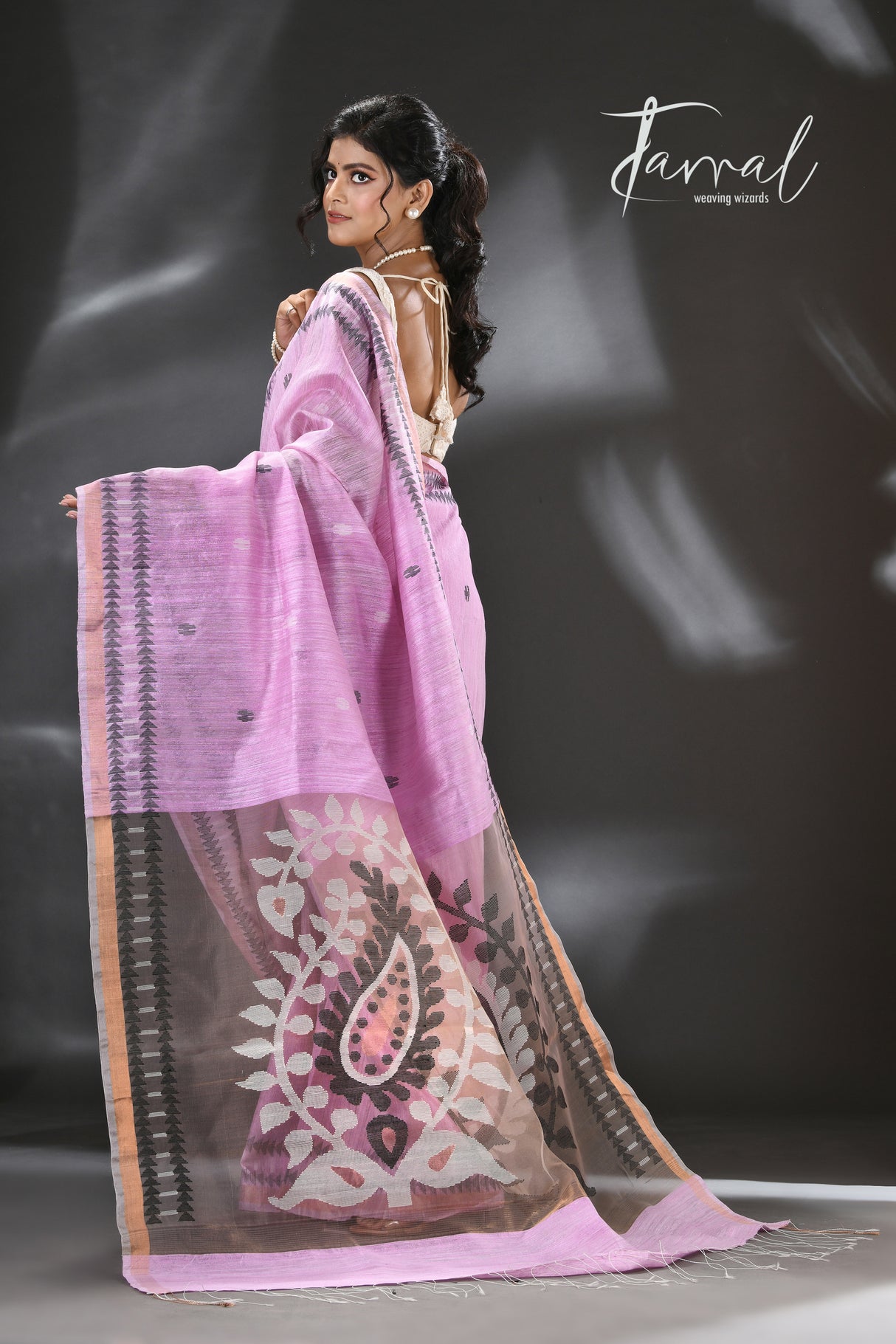 Baby Pink with White & black colour kalka motifs matka silk handwoven jamdani saree