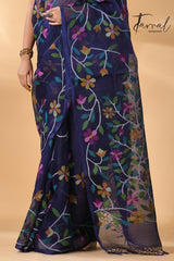 Midnight indigo with multicolour madhvilata allover floral handwoven muslin silk jamdani saree - Tamal Boutique