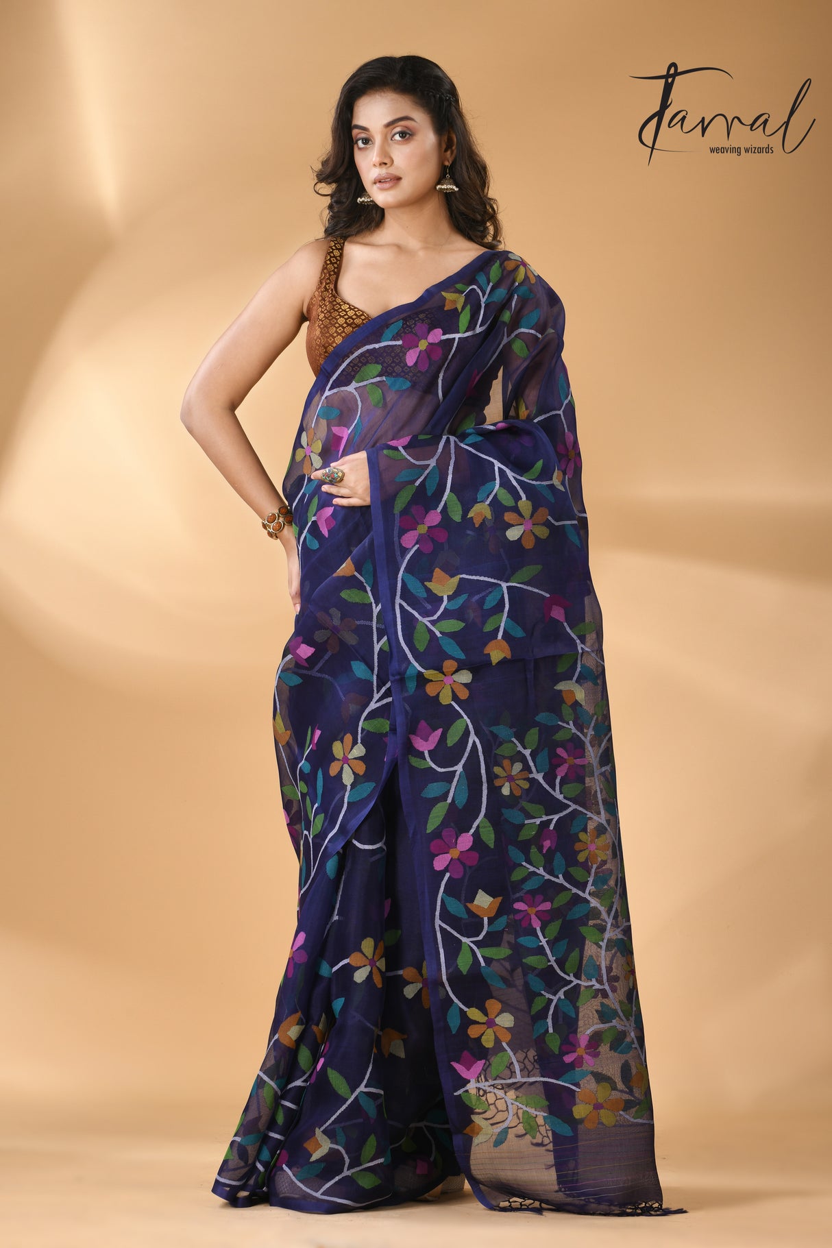 Midnight indigo with multicolour madhvilata allover floral handwoven muslin silk jamdani saree - Tamal Boutique