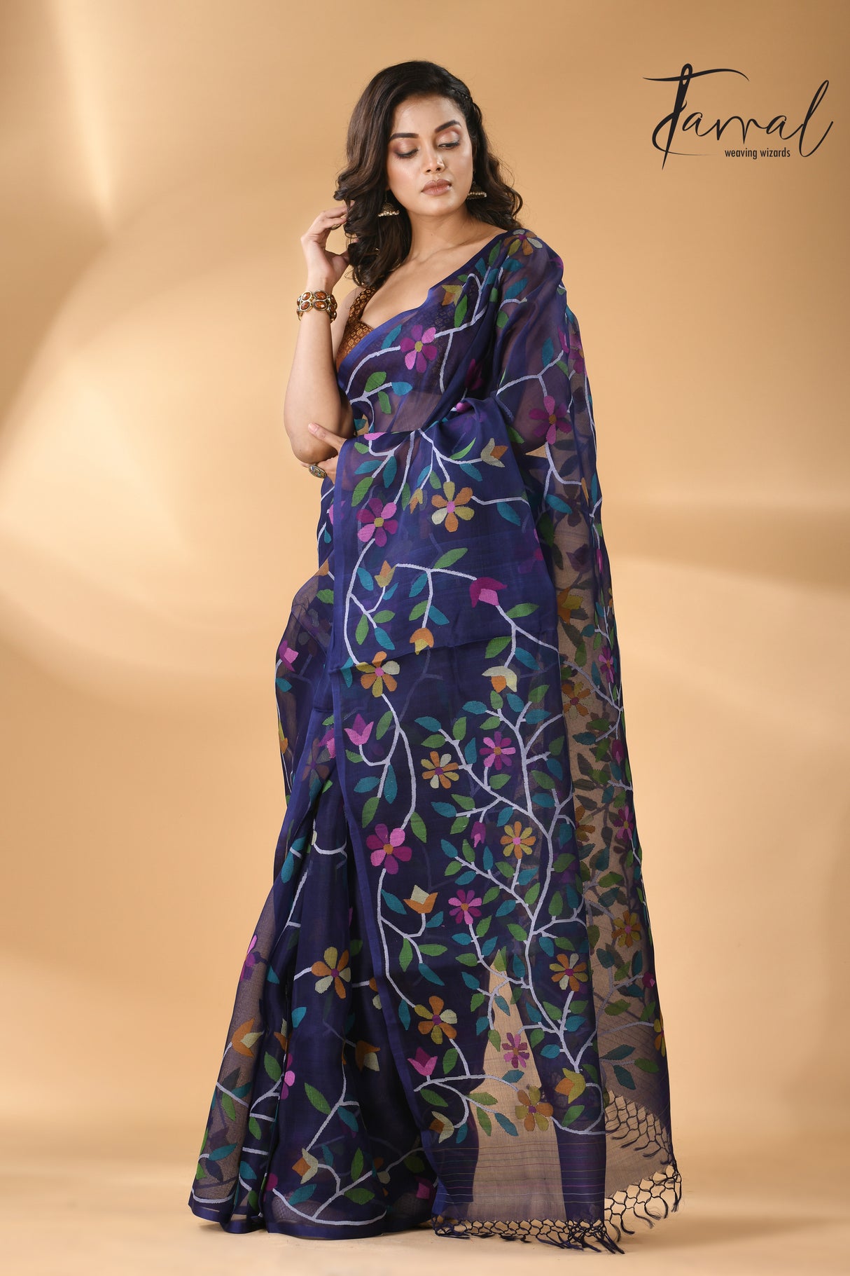 Midnight indigo with multicolour madhvilata allover floral handwoven muslin silk jamdani saree - Tamal Boutique