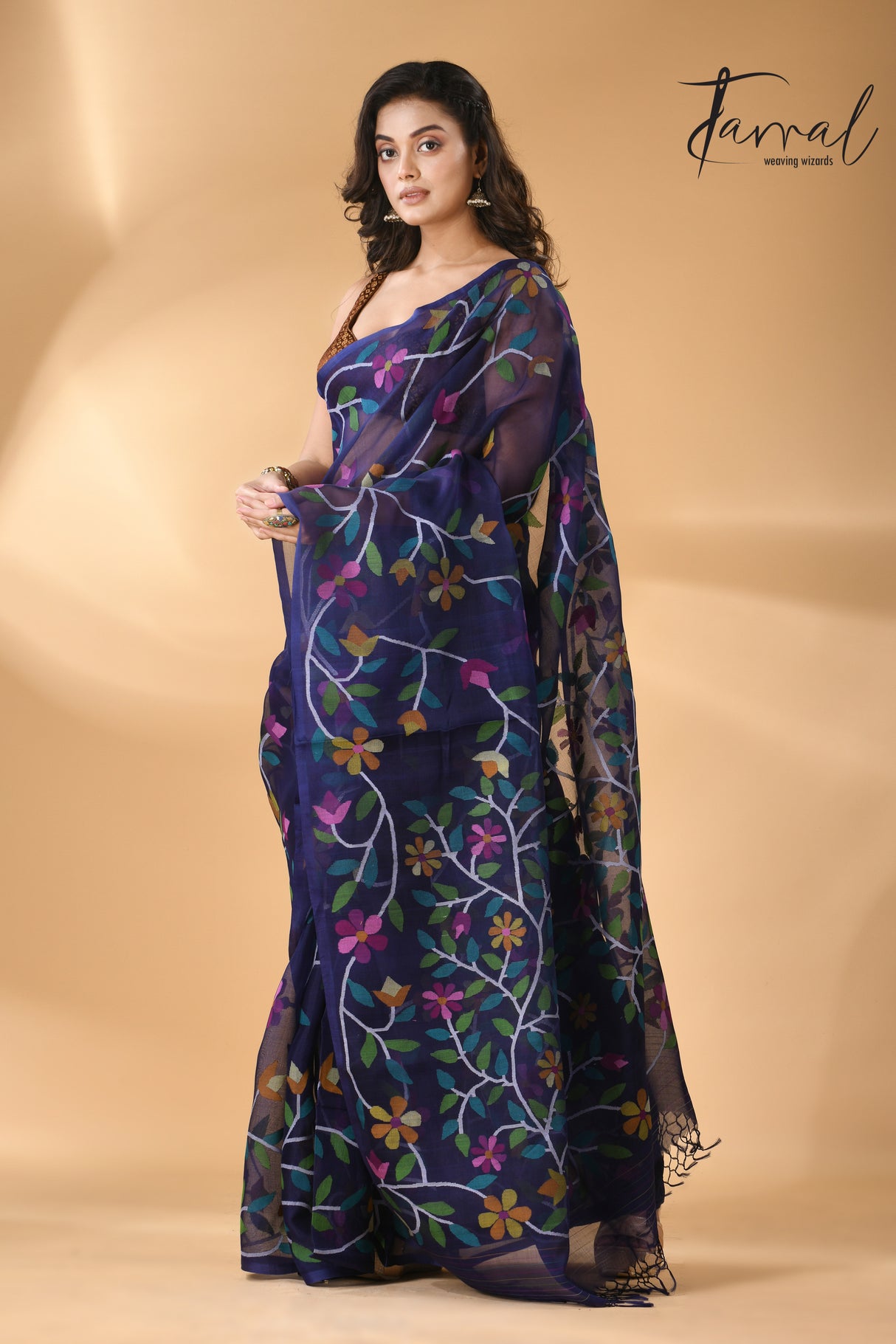 Midnight indigo with multicolour madhvilata allover floral handwoven muslin silk jamdani saree - Tamal Boutique