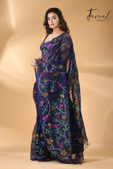 Midnight indigo with multicolour madhvilata allover  floral handwoven muslin silk jamdani saree