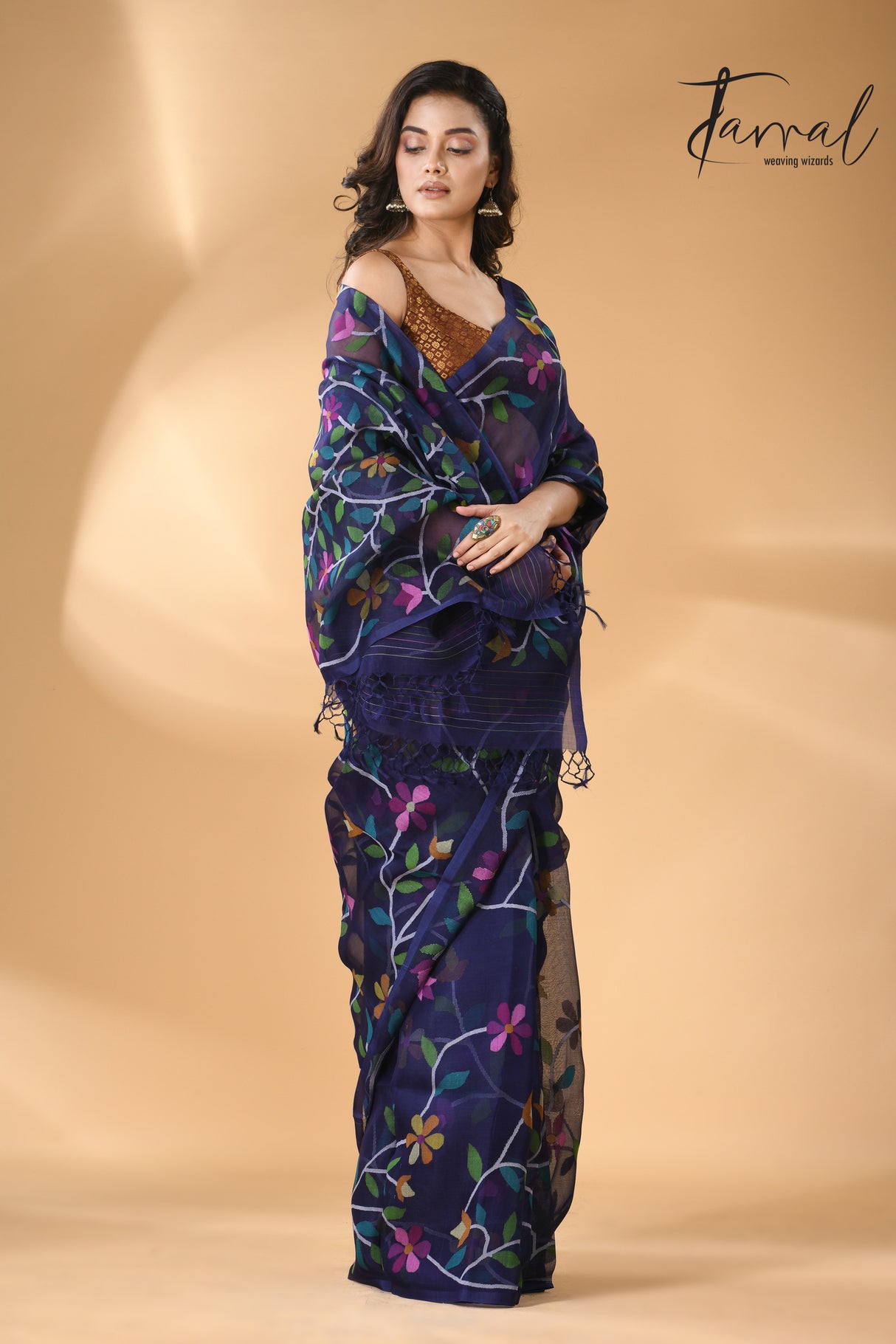 Midnight indigo with multicolour madhvilata allover floral handwoven muslin silk jamdani saree - Tamal Boutique