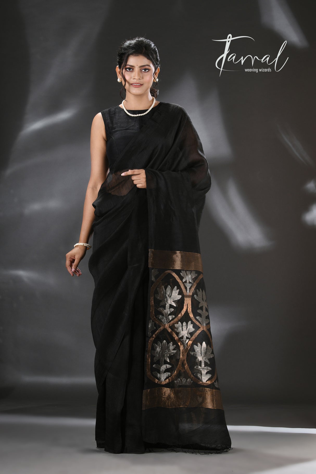 Black with silver & golden zari lotus pallu handwoven silk linen jamdani saree