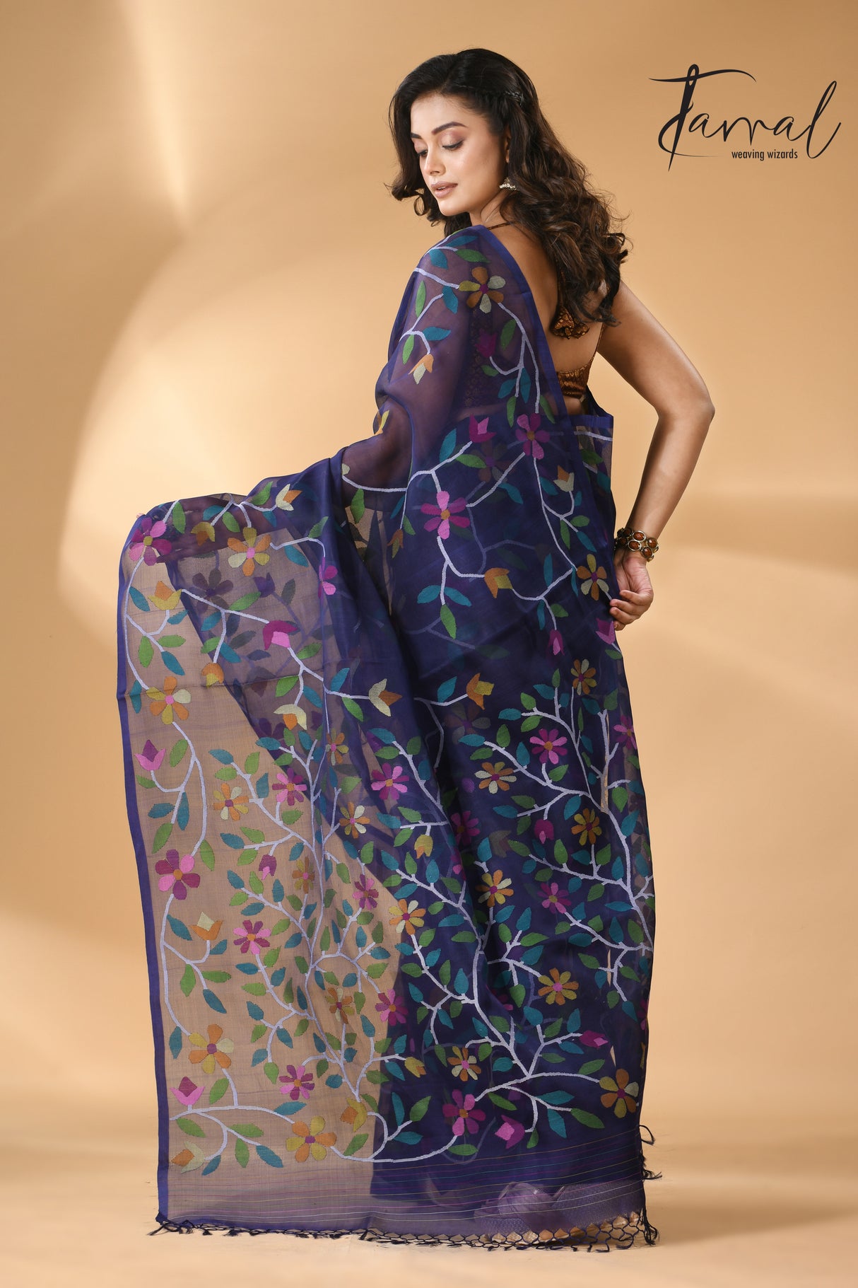 Midnight indigo with multicolour madhvilata allover  floral handwoven muslin silk jamdani saree