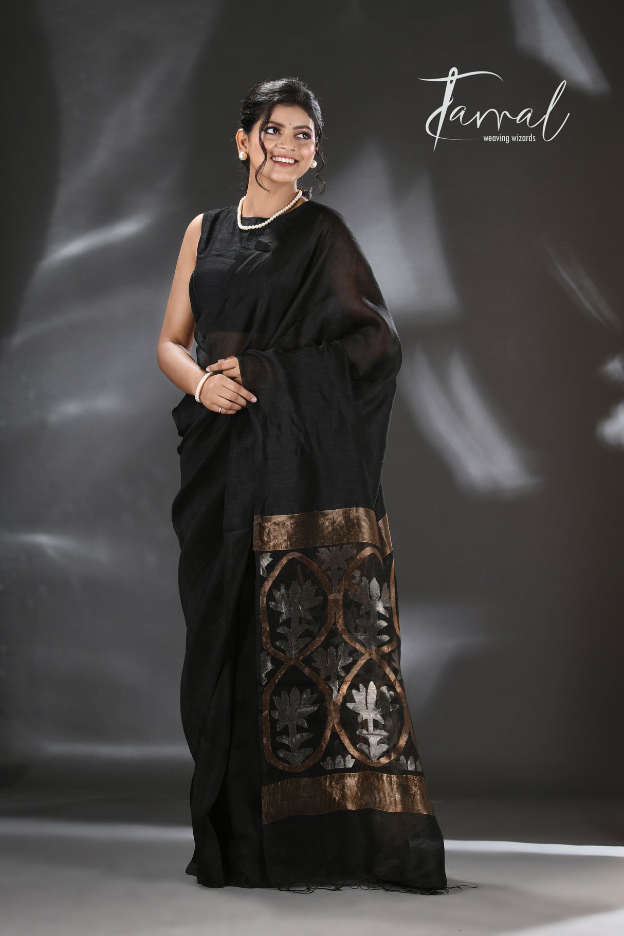 Black with silver & golden zari lotus pallu handwoven silk linen jamdani saree - Tamal Boutique