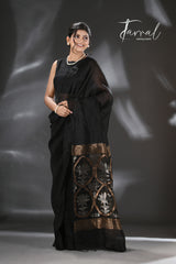 Black with silver & golden zari lotus pallu handwoven silk linen jamdani saree