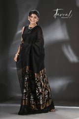 Black with silver & golden zari lotus pallu handwoven silk linen jamdani saree