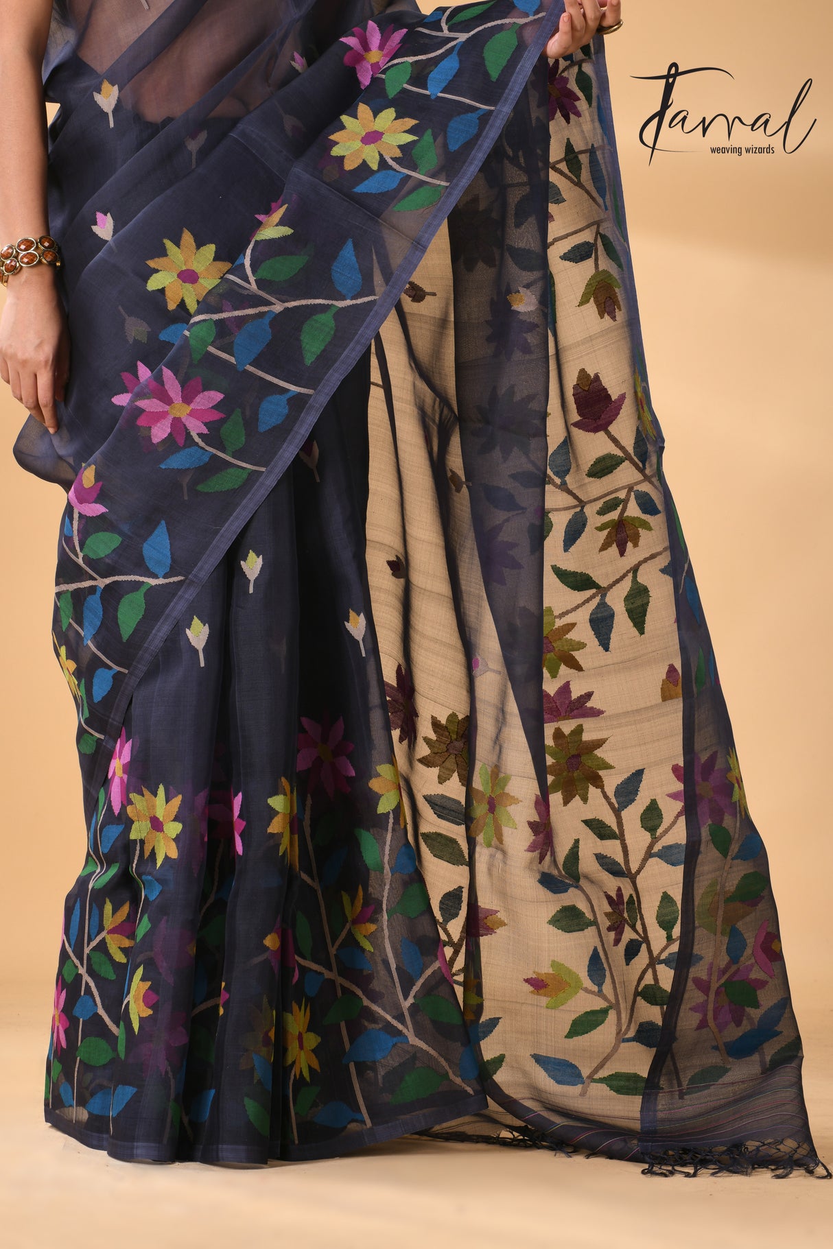 Midnight blue with multicolour allover floral handwoven needle work jamdani saree