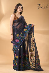 Midnight blue with multicolour allover floral handwoven needle work jamdani saree