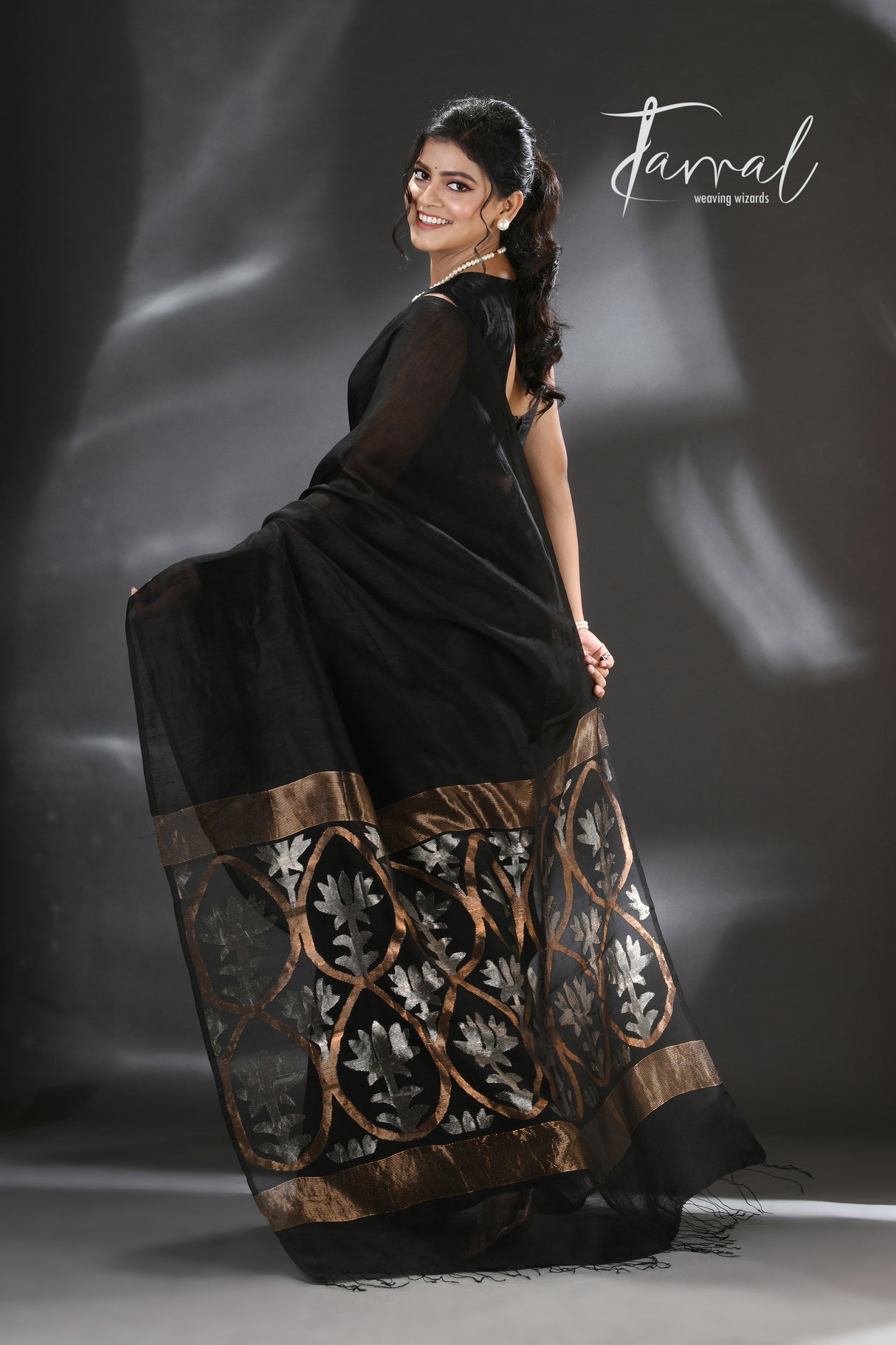 Black with silver & golden zari lotus pallu handwoven silk linen jamdani saree