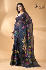 Midnight blue with multicolour allover floral handwoven needle work jamdani saree