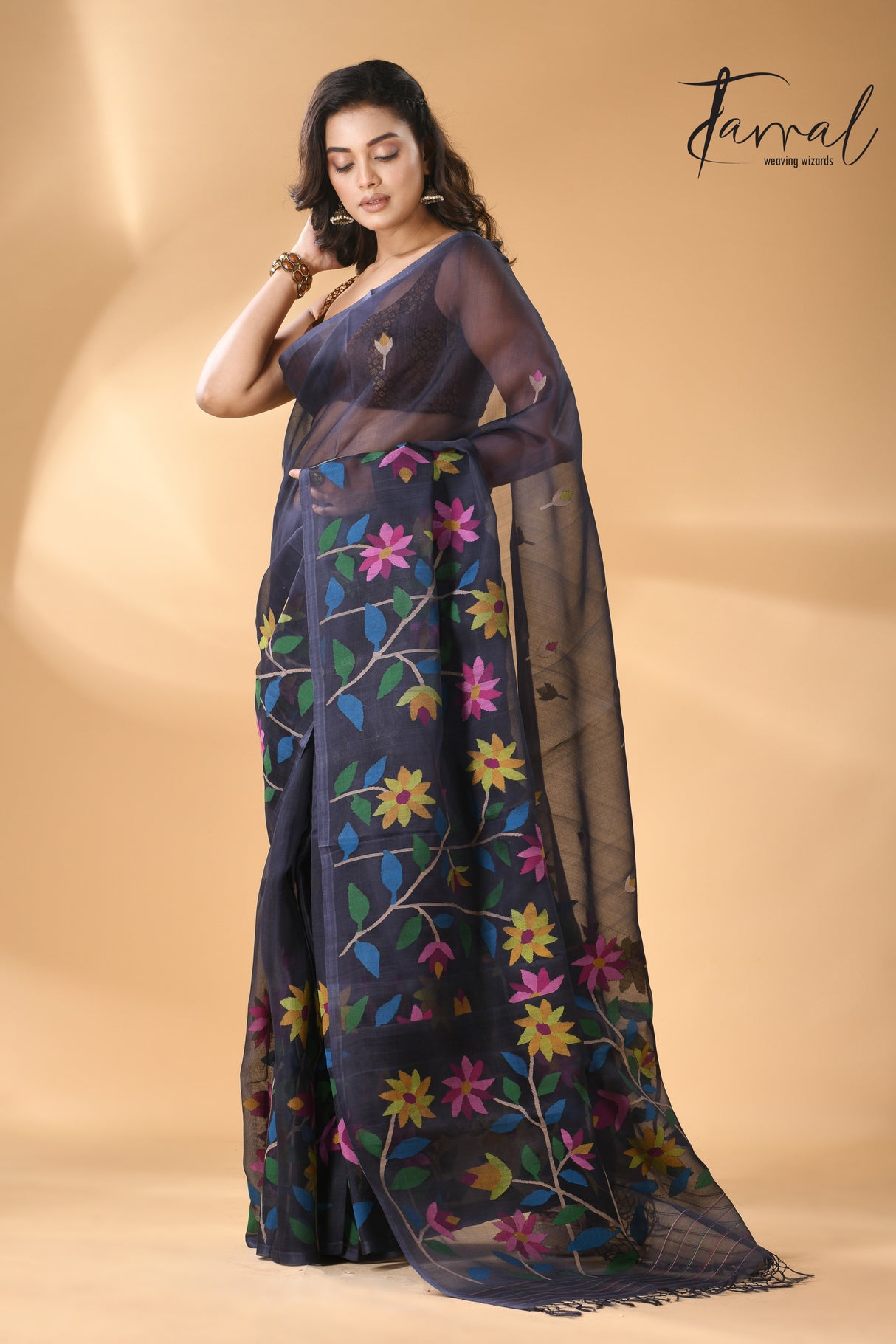 Midnight blue with multicolour allover floral handwoven needle work jamdani saree