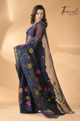 Midnight blue with multicolour allover floral handwoven needle work jamdani saree