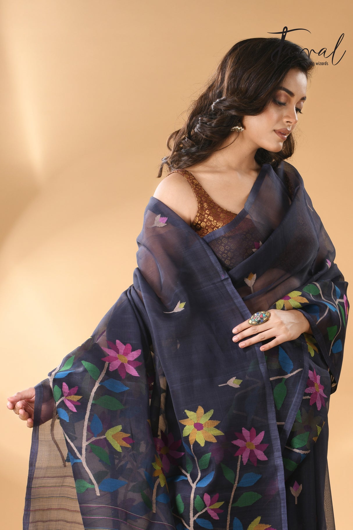 Midnight blue with multicolour allover floral handwoven needle work jamdani saree