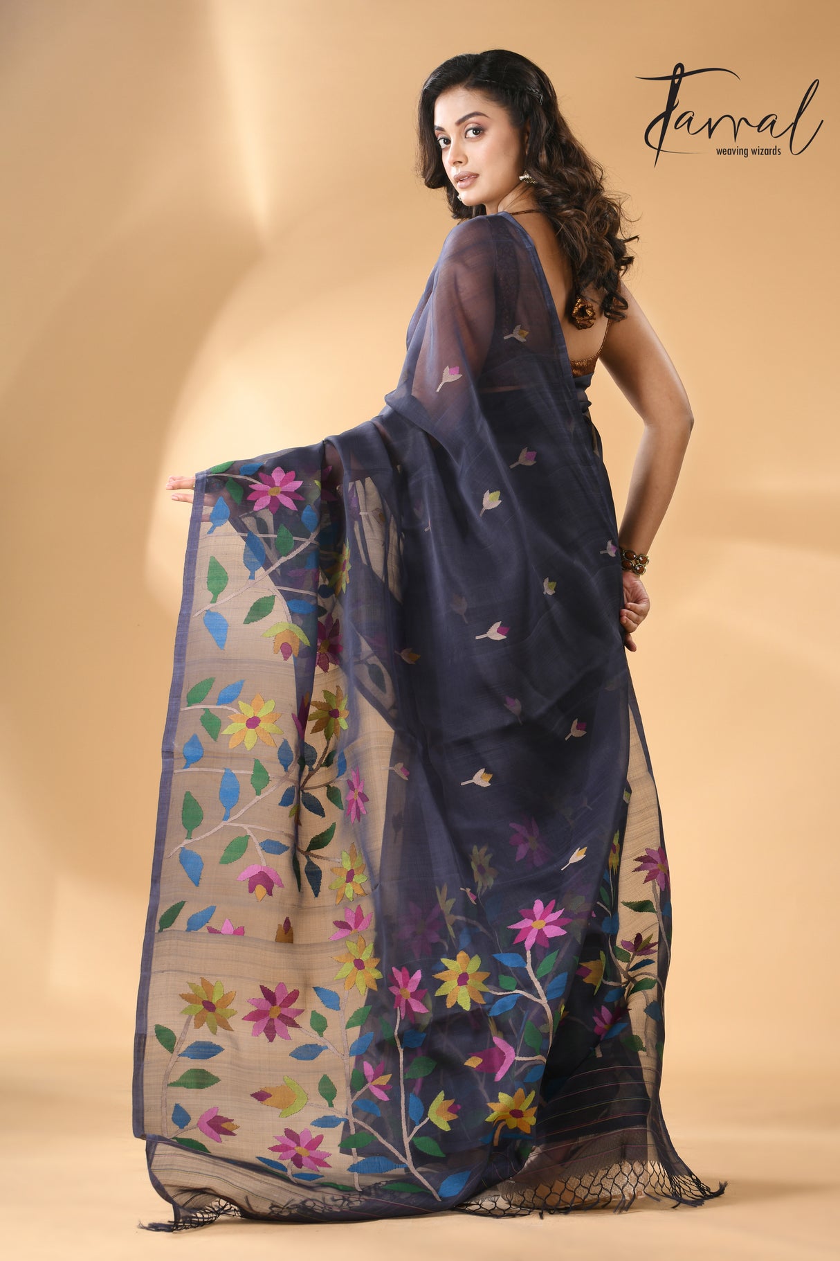 Midnight blue with multicolour allover floral handwoven needle work jamdani saree