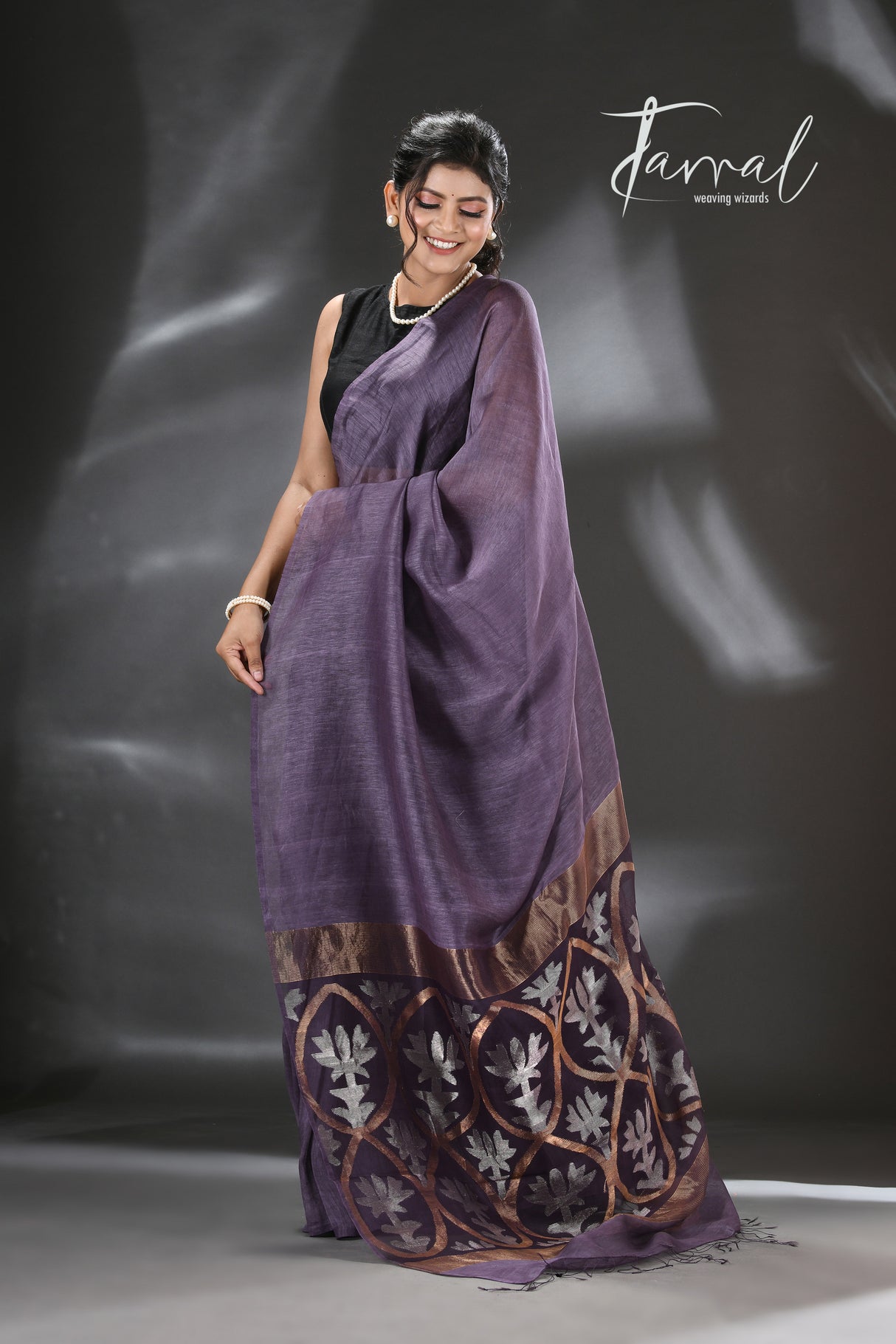 Dark Lavender zari lotus silk linen handwoven jamdani saree - Tamal Boutique